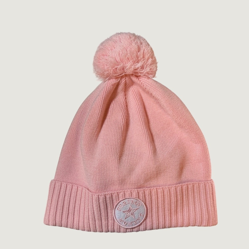 Perfect Moment Patch Beanie Pure Pink Merino Wool Pom Pom Logo New